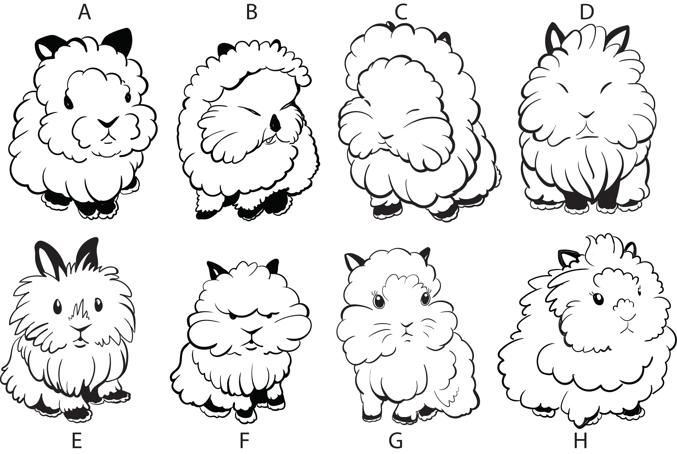 The image features a collection of eight cartoon-style illustrations of fluffy animals, each labeled with letters A through H. The animals have round bodies and fluffy fur, resembling a mix of sheep and rabbits. - A: A fluffy animal with a serious expression and black ears. - B: A similar fluffy creature with a playful expression. - C: A round, fluffy animal with a closed-eyed smile. - D: A fluffy animal with a confident stance and upright ears. - E: A fluffy creature with rabbit ears and a curious expression. - F: A fluffy animal with a slightly grumpy look. - G: A fluffy creature with large eyes and a neutral expression. - H: A fluffy animal with a mix of features, looking inquisitive. The illustrations are outlined in black and lack color, emphasizing their shapes and expressions.