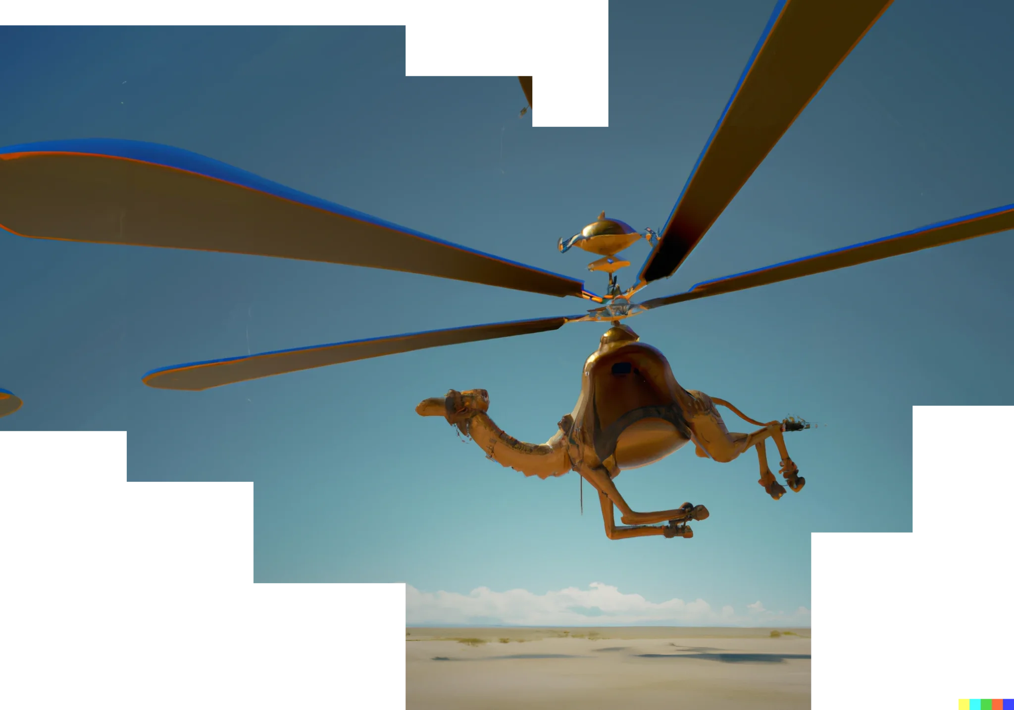 A flying camel with very long helicopter blades, generated and extended using DALL-E