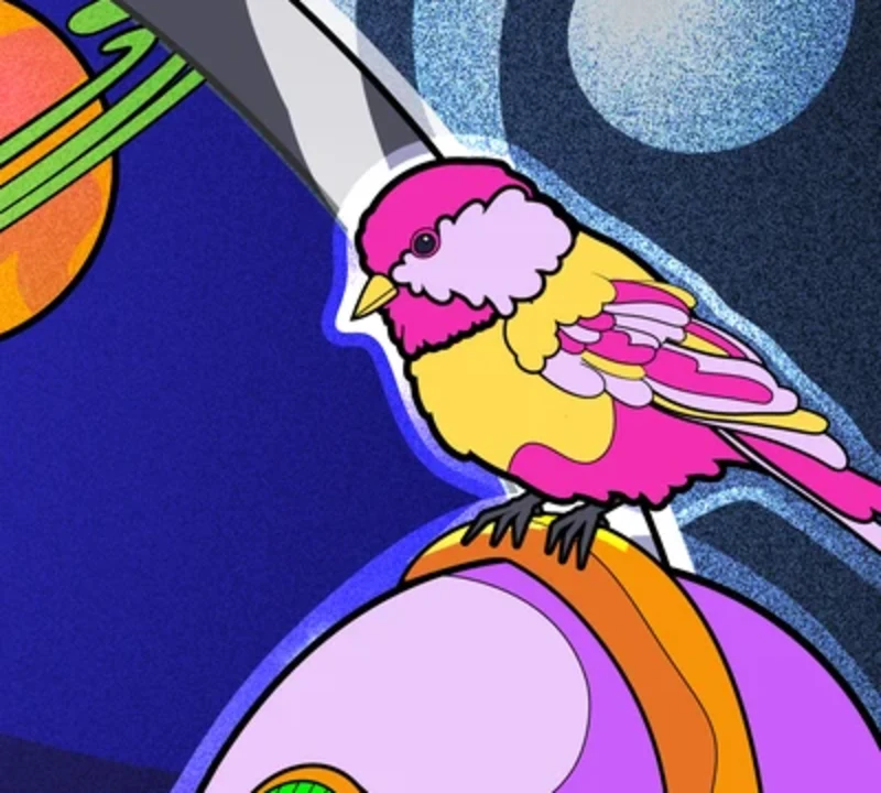 The illustrated bird perched on the robot's head