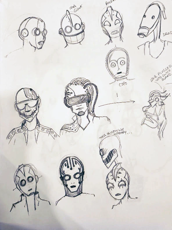 Sketchbook page of robot head studies referencing Iron Giant, Rockafire, and C-3PO