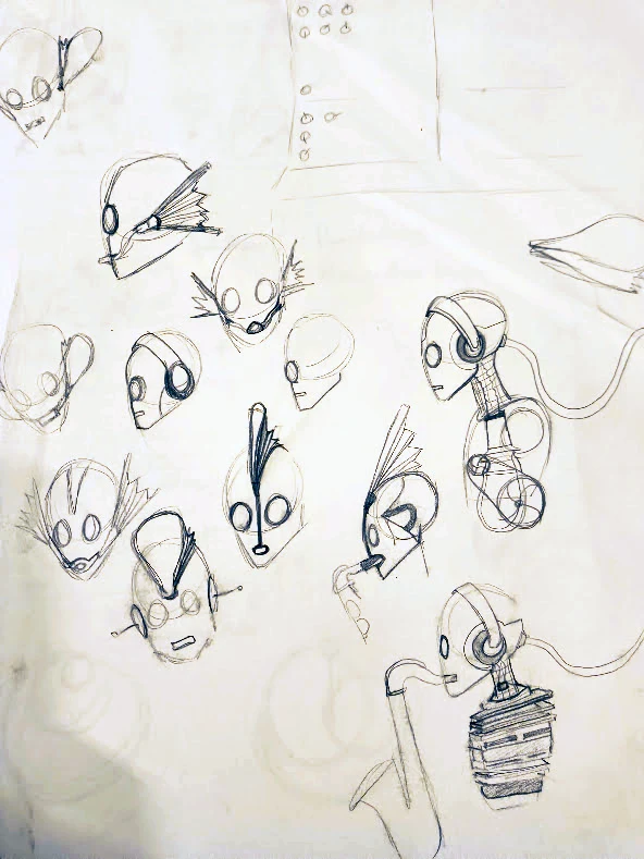 Sketchbook page where the robot develops headphones and picks up a saxophone
