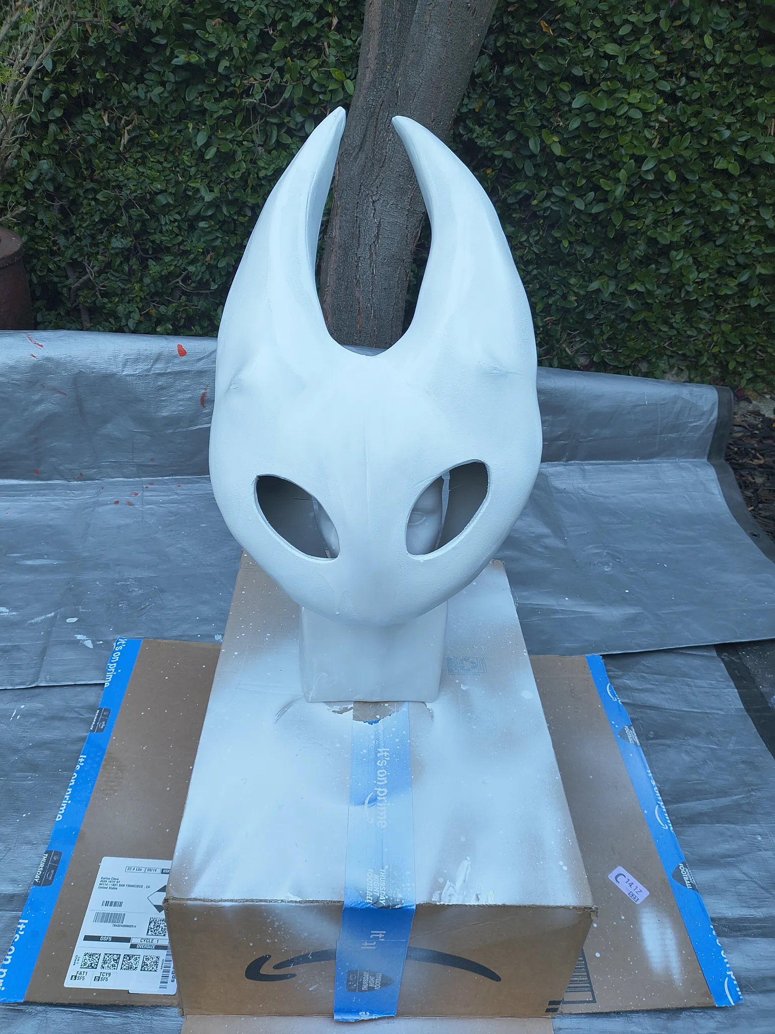 The finished glossy white mask on the box, horns up, with the eye holes still open