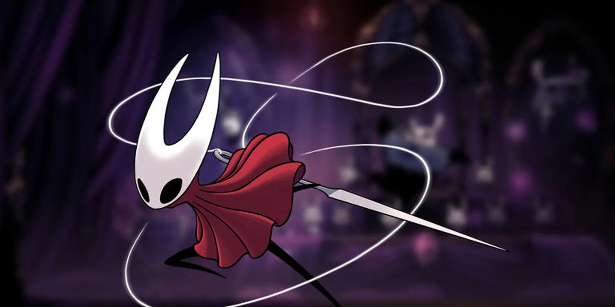 Silksong key art of Hornet mid-lunge: a white mask with two long horns, a red cloak flaring behind her, her needle thrust forward and a loop of silk trailing through the air