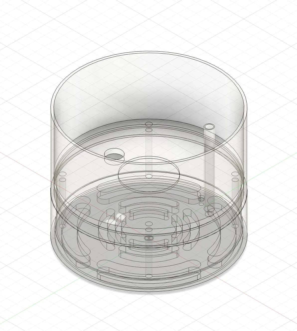 A CAD wireframe view of the cylindrical basin showing internal ribs and a circular recess in the floor.
