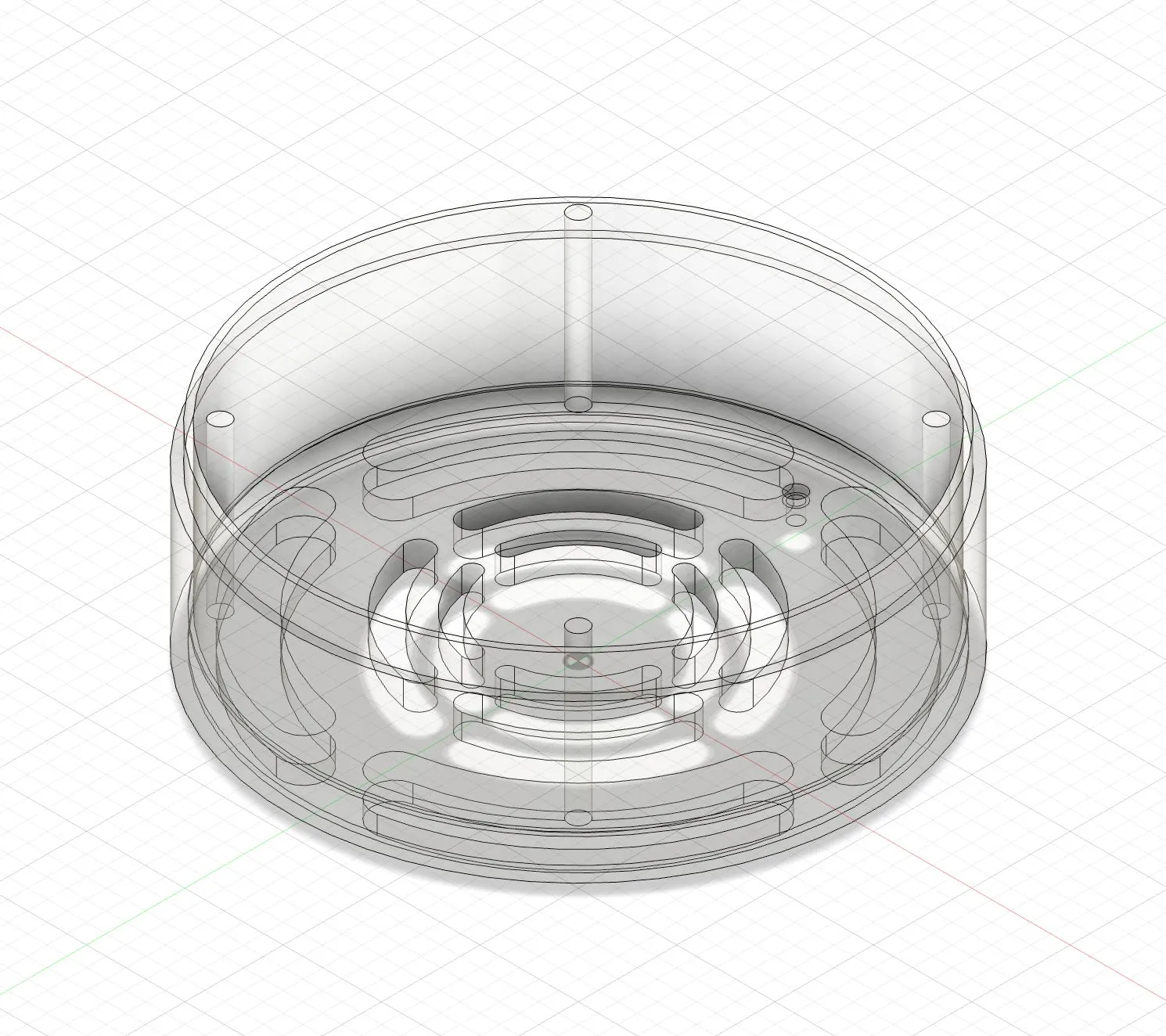 A flatter CAD wireframe view of the electronics housing, showing the mounting bosses and cable routing channels.