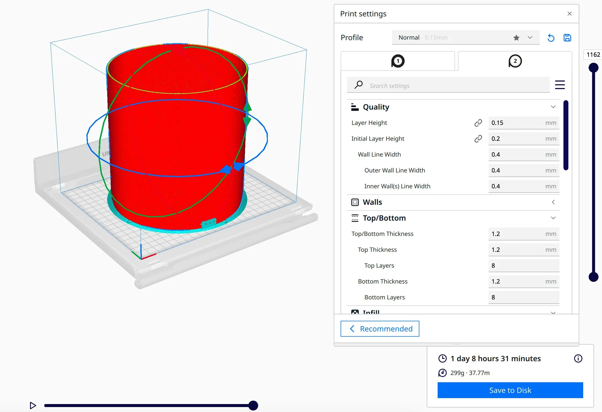 A slicer window showing the shell sliced upright in red, with the print settings panel open and an estimated print time of 1 day 8 hours 31 minutes.