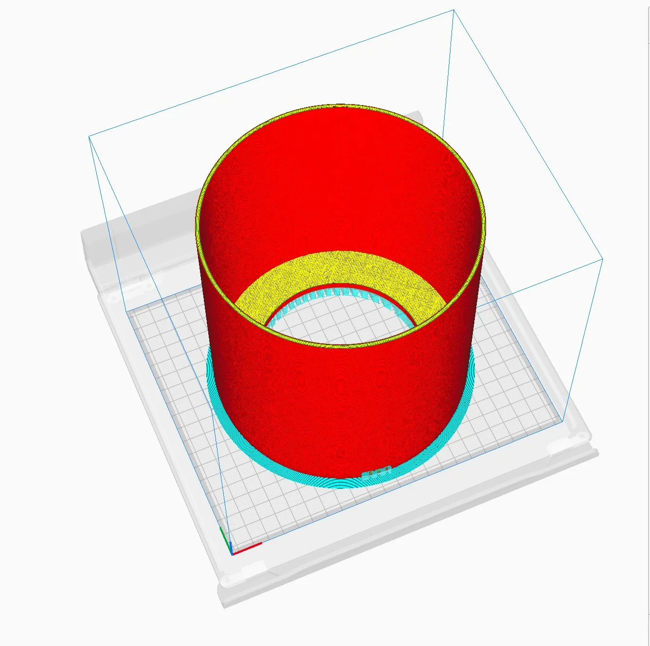 The same shell sliced upside down in the slicer, shown in red with yellow support interface at the top opening.