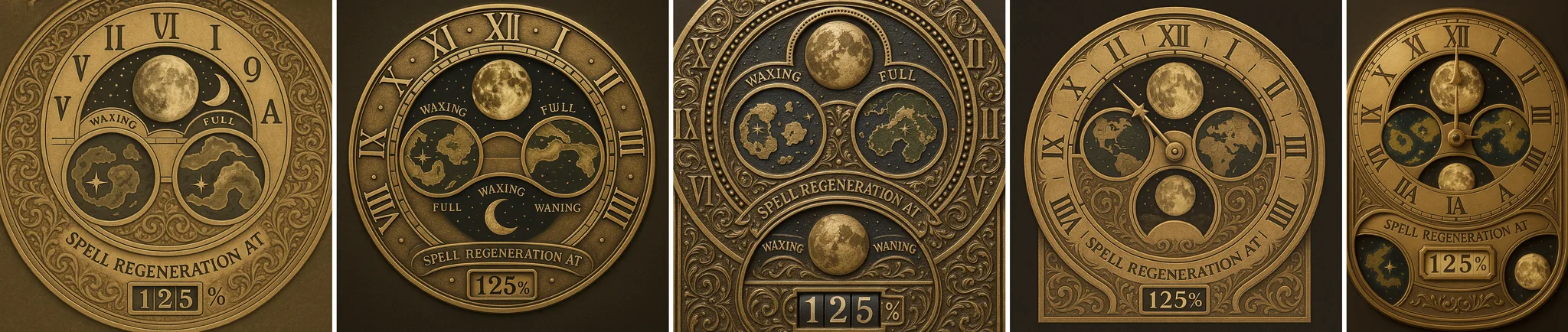 Five ChatGPT renders of a brass clock face, each with the numerals in a different wrong order, apertures drifting around the dial, and a Spell Regeneration At counter reading 125 percent