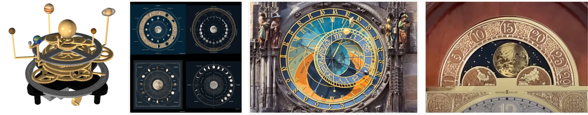 Four references in a row: a brass orrery with planets on arms, a set of moon phase dial charts on dark blue, the Prague Orloj astronomical clock, and the moon phase arch of a Howard Miller grandfather clock with two map globes beneath the moon