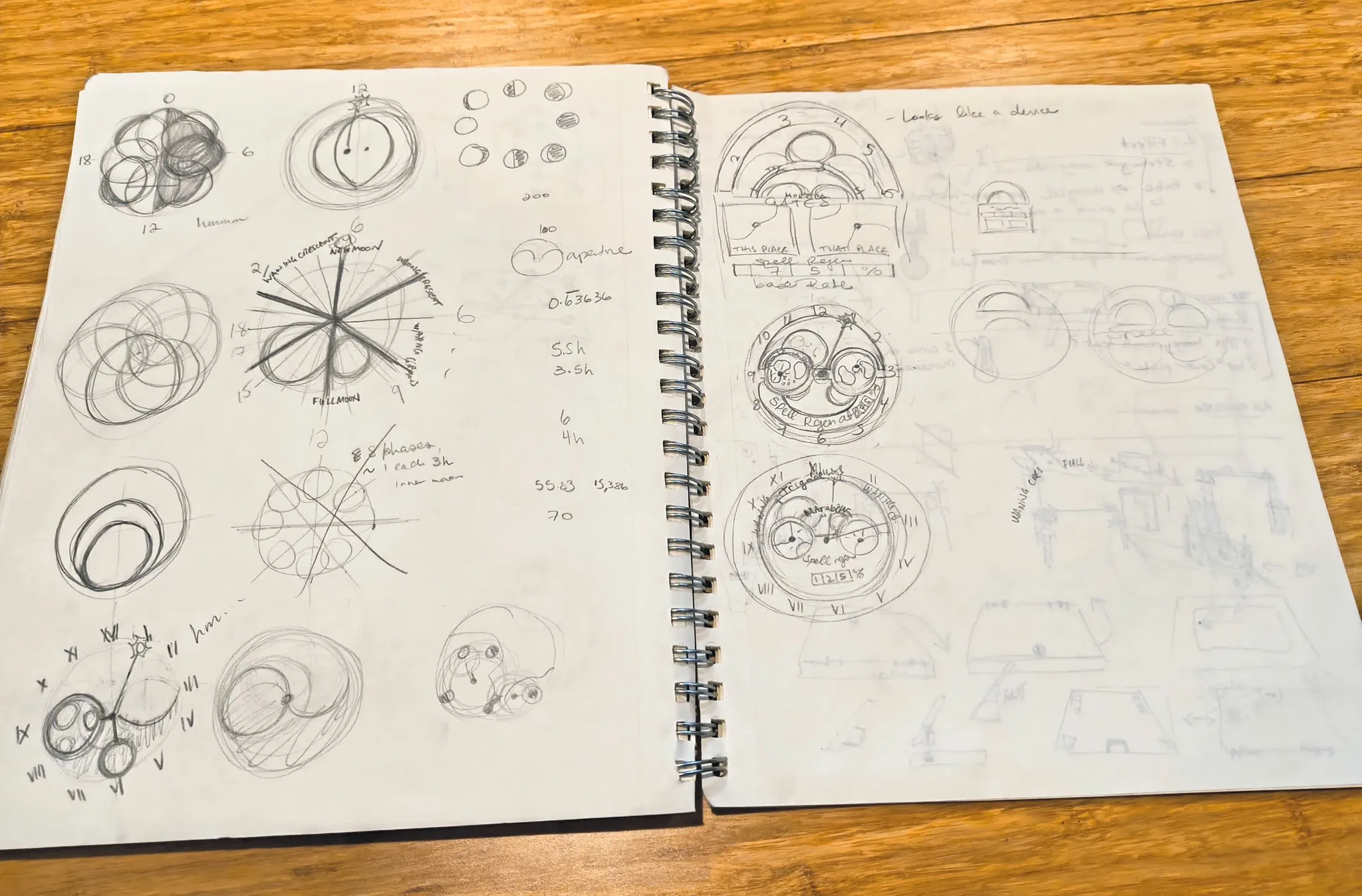 Two pages of a pencil sketchbook: the left page full of overlapping circles, moon phase diagrams and clock faces with the phase timing math beside them, the right page working the layout into a face with two apertures, a spell regeneration counter and the note looks like a device