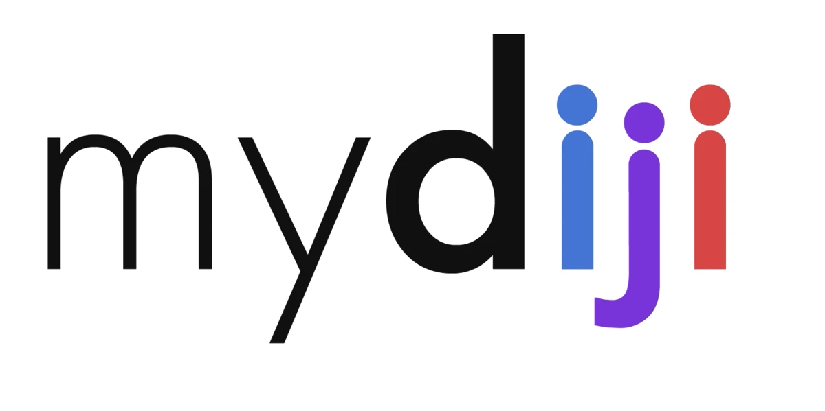 The mydiji logo, black lowercase with blue, purple, and red letter dots