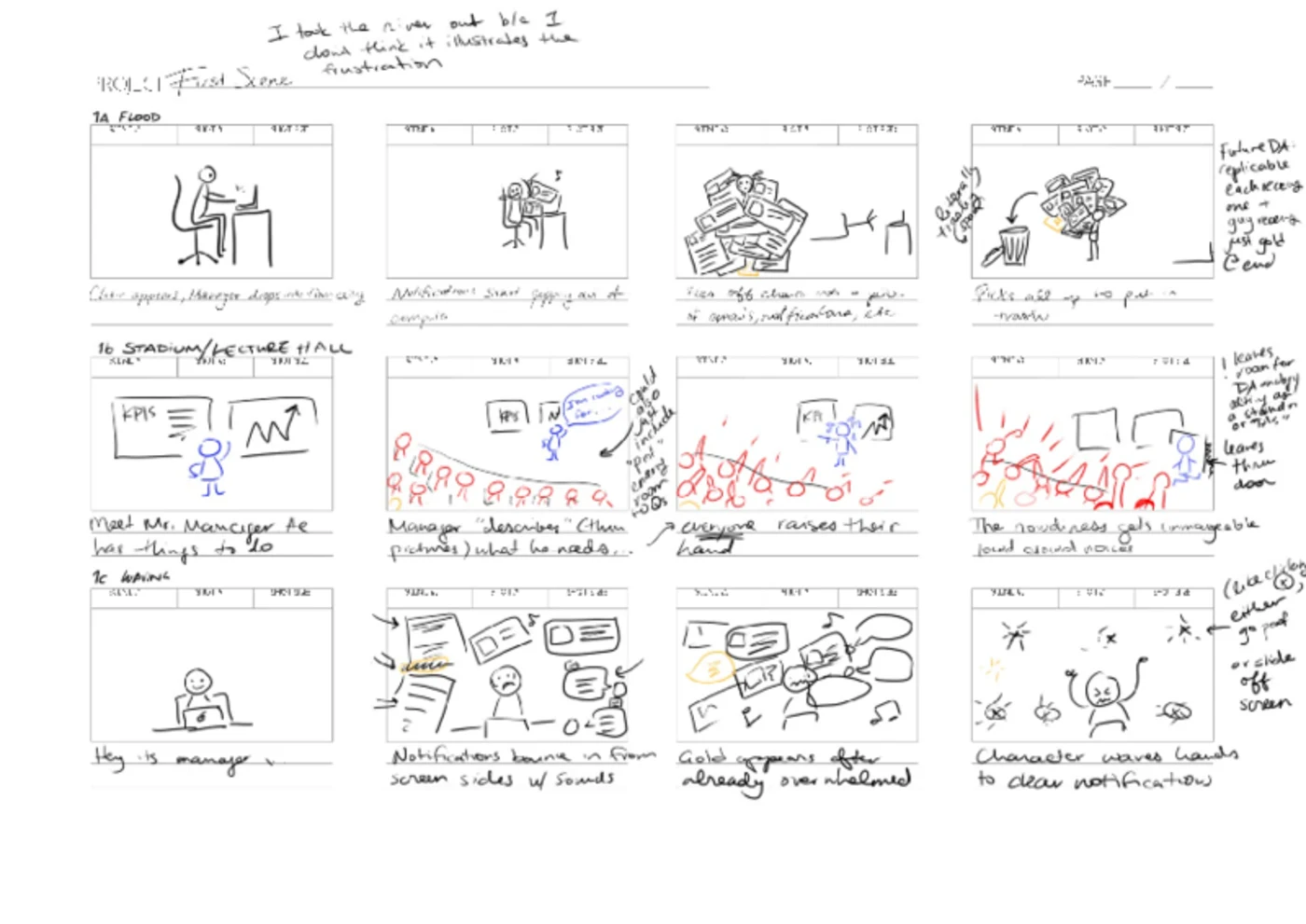 A hand-drawn storyboard page with sixteen panels and margin notes