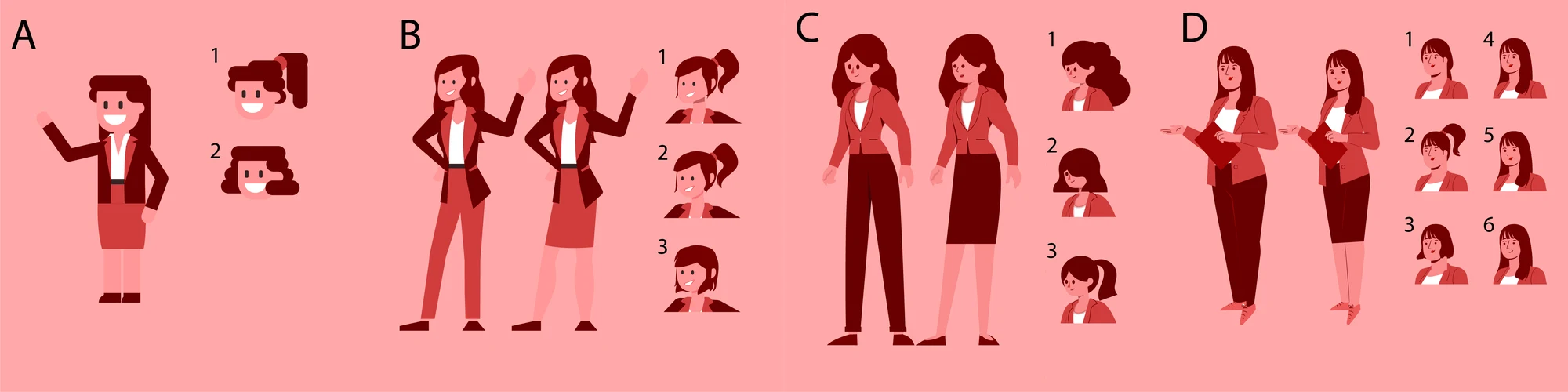 Four illustration styles for the same red-suited character, labeled A through D