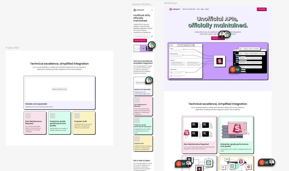 Figma canvas of the existing Supergood site designs