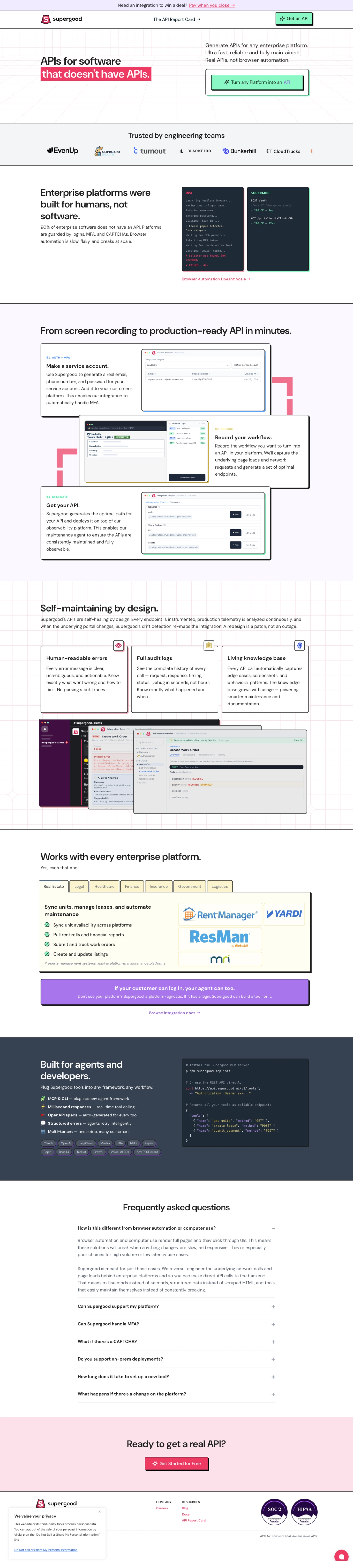 The redesigned Supergood homepage, top to bottom