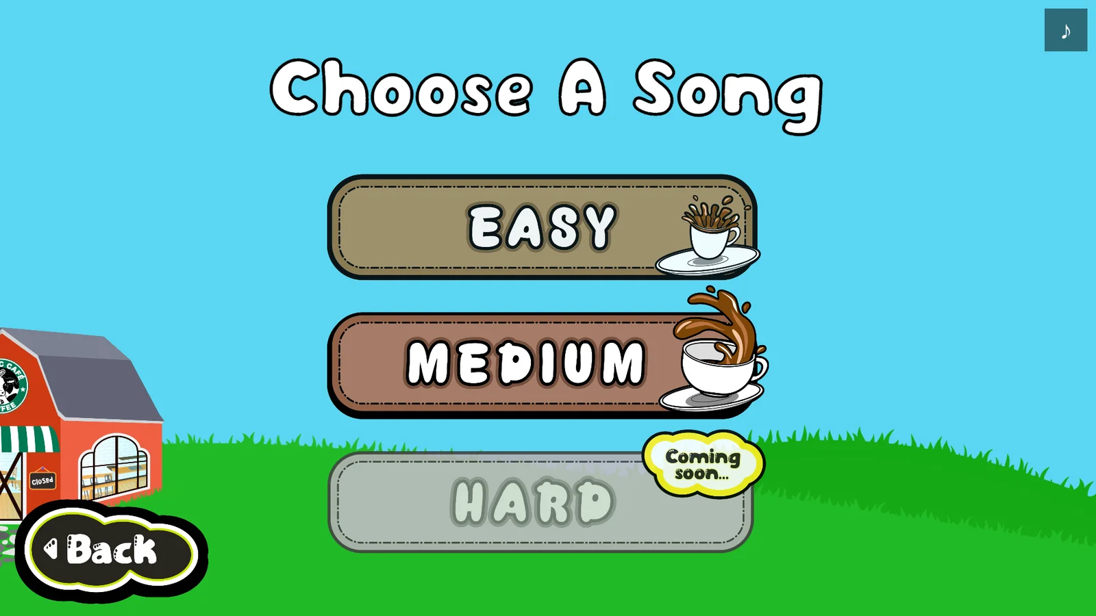 The level select screen: Choose A Song, with Easy, Medium and a Hard marked coming soon