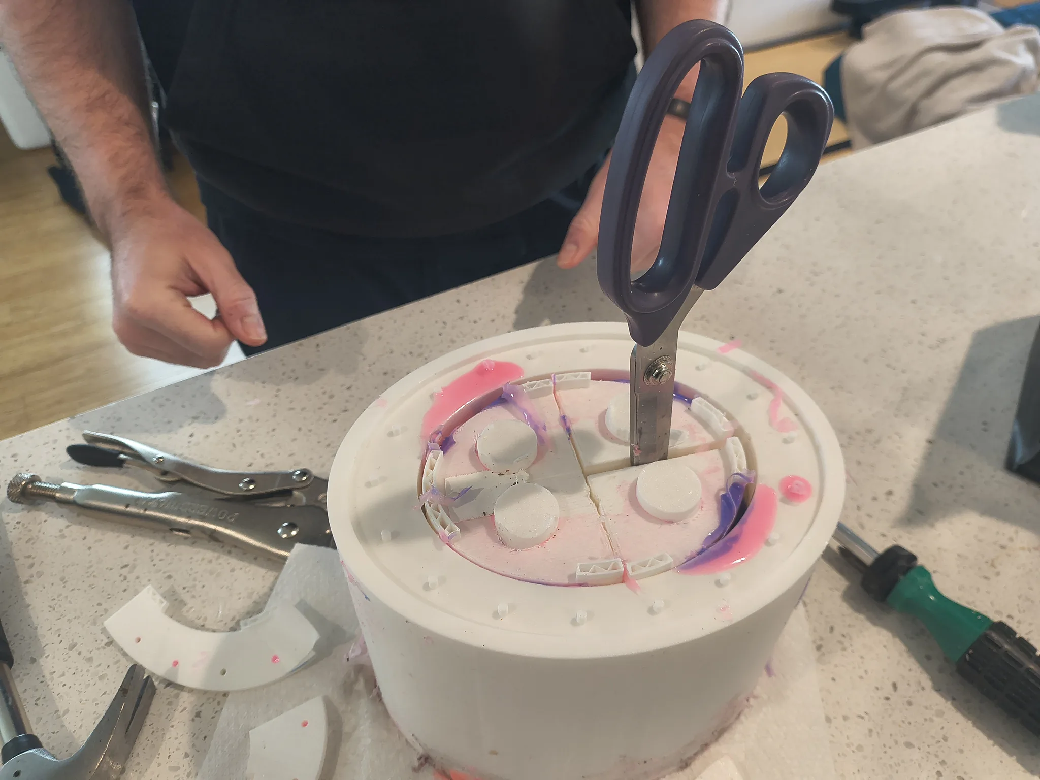 Photograph of the udder mold being opened with a pair of scissors